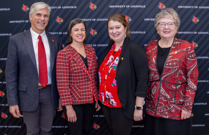 From left: Kevin Gardner, Executive Vice President for Research and Innovation; Dayna Touron, Dean of the College of Arts and Sciences; Cheri Levinson, associate professor; and Kim Schatzel, president, announce $11.5 million from the National Institutes of Health to support eating disorder research.